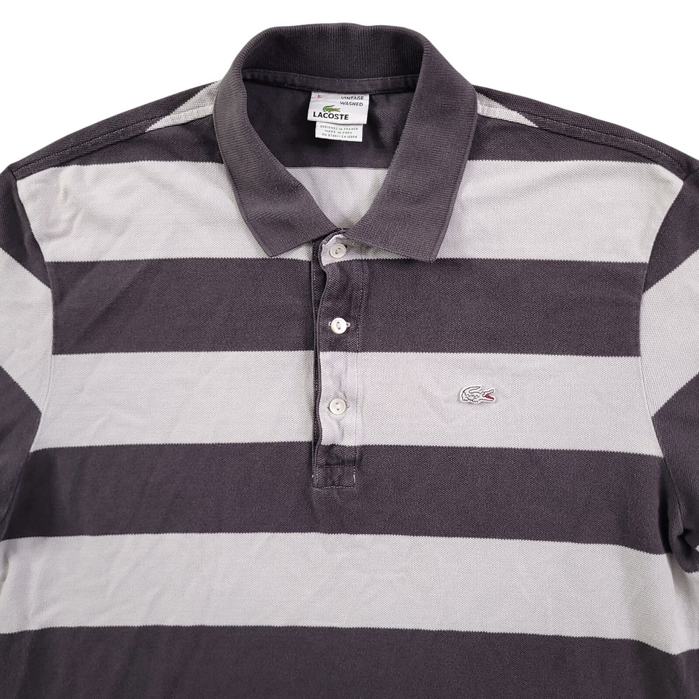 Lacsote Polo Shirt Mens L 5 Vintage Washed Gray White Stripe Gator Logo Pique - Picture 1 of 10
